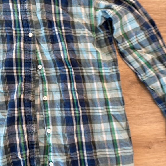 Trovata Birds of Paradis Green Navy Plaid Button Front Shirt Hi-Low Size Small - Picture 3 of 6